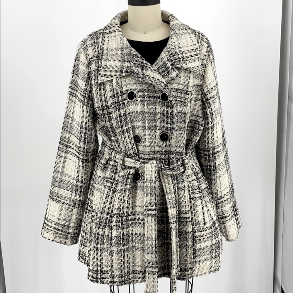 Outer Cage Double breasted pea coat plaid Wool Blend
